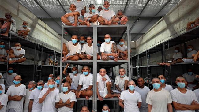 Inmates in just one of the cells at the 40,000-capacity ‘terrorism confinement centre’ in El Salvador. Picture: AFP