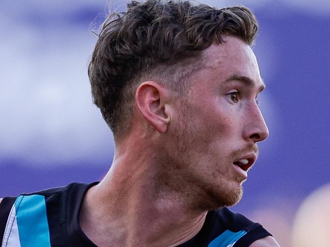 GOLD COAST, AUSTRALIA - JULY 14: Kane Farrell of the Power in action during the 2024 AFL Round 18 match between the Gold Coast SUNS and Port Adelaide Power at People First Stadium on July 014, 2024 in Gold Coast, Australia. (Photo by Russell Freeman/AFL Photos via Getty Images)