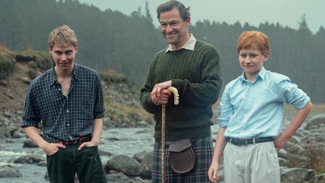 Rufus Kampa as Prince William, Dominic West as the Prince of Wales and Fflyn Edwards as Prince Harry in the first instalment of the final season of The Crown. Picture: Netflix