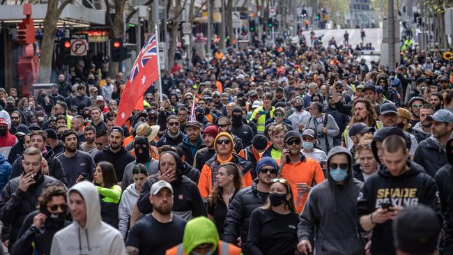 Anti-lockdown protesters take to the streets of Melbourne on Wednesday. Picture: Jason Edwards