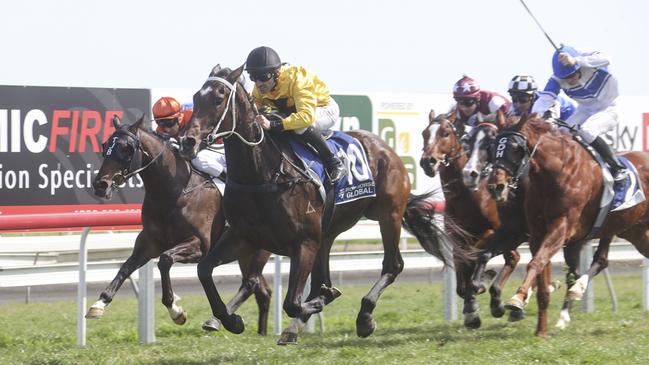 Smart Shot (yellow, black cap) surges clear to win at Tamworth back in December 2022. He has the ability to break through at Warren today after a long drought. Picture: Bradley Photos