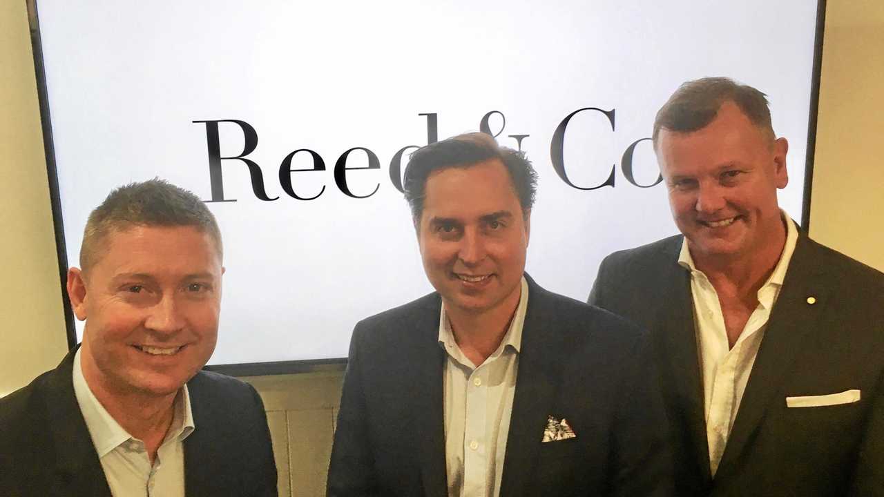 Former Australian cricket captain Michael Clarke, Reed & Co principal/owner Adrian Reed and Anthony Bell of the LOYAL Foundation at the official opening of Reed & Co real estate agency in Gibson Road, Noosaville. Picture: Erle Levey