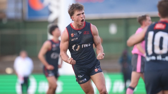 Sam Morris celebrates a goal for Norwood. Picture: Cory Sutton