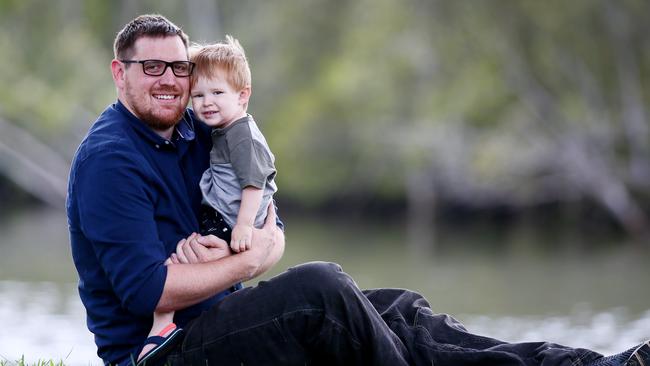 Pete Lendrum pictured with his two-year-old son Felix. Picture: (AAP Image/Sue Graham)