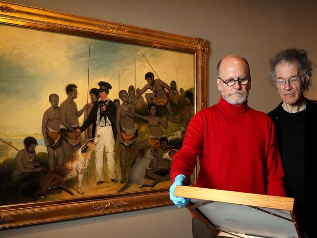 Dr Greg Lehman, left, and Professor Tim Bonyhady are curators of TMAG's exhibition The National Picture: The Art of TasmaniaÕs Black War. Picture: SAM ROSEWARNE.