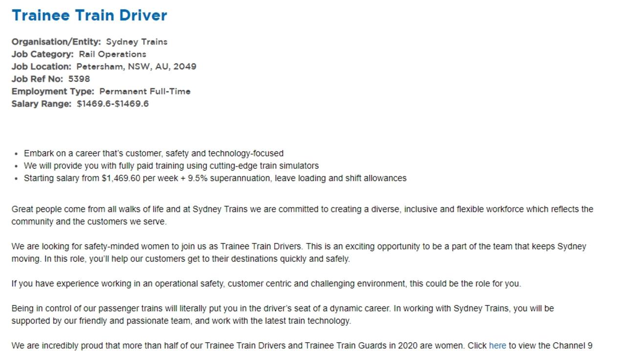 A job advertisement, promoted by Sydney Trains via Seek, has triggered confusion after the listing detailed ‘recruitment is open to women only’. Picture: Seek