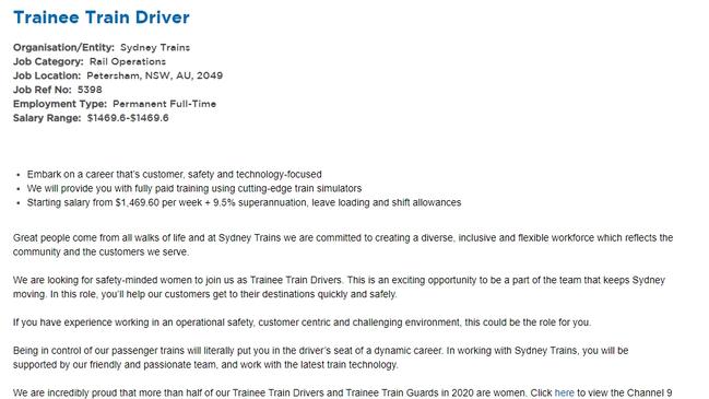 A job advertisement, promoted by Sydney Trains via Seek, has triggered confusion after the listing detailed ‘recruitment is open to women only’. Picture: Seek