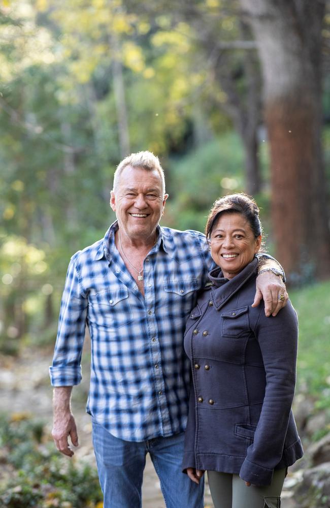 Jimmy and Jane Barnes at their home on the river bend. Picture: Alan Benson.