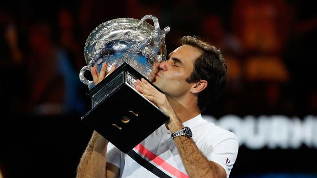 Roger Federer after winning the 2018 Australian Open Men's Singles Final. Picture:  Scott Barbour/Getty Images