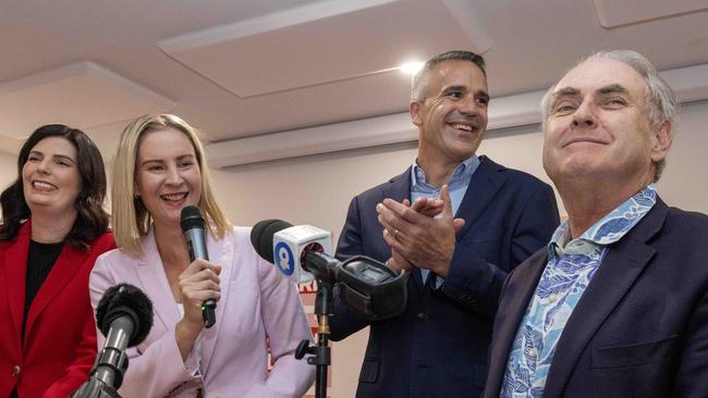 Labor Senator Marielle Smith, new Sturt MP Claire Clutterham, Premier Peter Malinauskas and Senator Don Farrell at a federal election night event after Ms Clutterham won the seat of eastern Adelaide seat of Sturt. Picture: Kelly Barnes