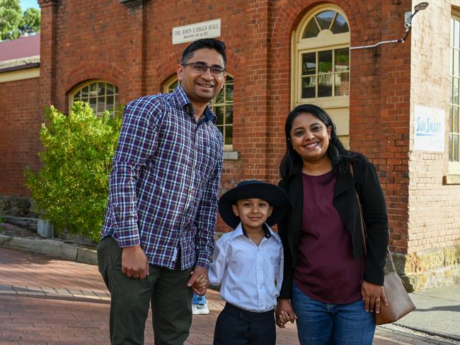 Girton Grammar Bendigo preppie Ridhaan Shah with his parents on his first day of school. Picture: Supplied.