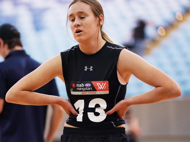 Hannah Munyard after she’d finished the yoyo endurance test during the 2019 AFLW Draft Combine at Margaret Court Arena. Picture: AAP IMAGE/MICHAEL DODGE