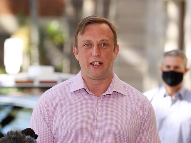 Deputy Premier Steven Miles announcing mandatory COVID tracing QR Code on Cabs and Ride Sharing vehicles, Parliament House, Brisbane. Picture: Liam Kidston