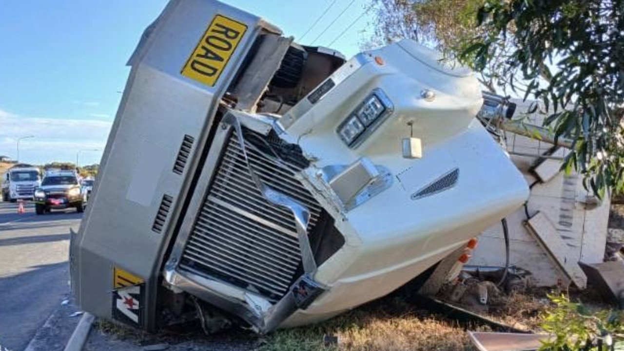 Commuters have been warned to expect travel pain after a rubbish truck rolled on the Southern Expressway on Monday morning. Picture: SAPOL