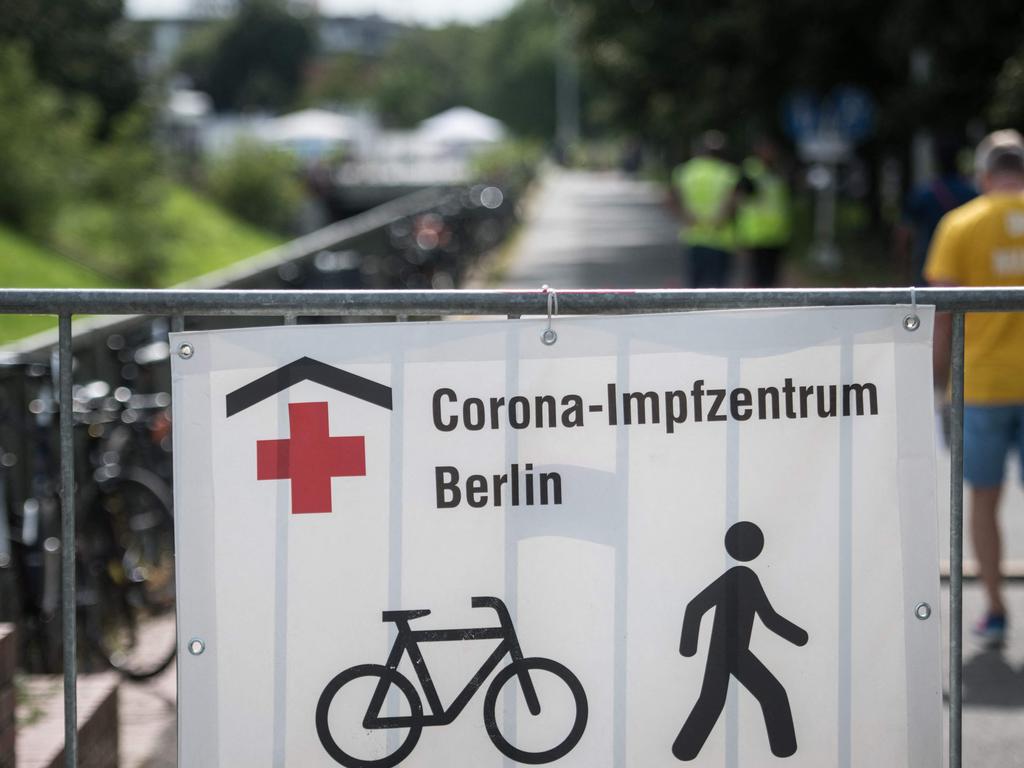 A sign shows the way to a vaccination centre in Berlin. Picture: AFP