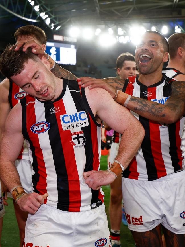 Jack Higgins and Bradley Hill of the Saints celebrate their win over Carlton. Picture: Michael Willson/AFL Photos via Getty Images.