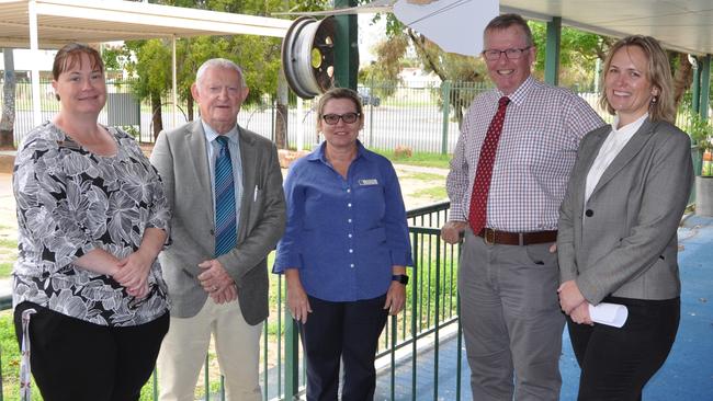 Bourke community leaders Tanya Jackson, Barry Hollman, Leonie Brown, Mark Coulton and Prue Ritchie stand among the debris from the childcare centre’s collapsed roof. Picture: Ian Cole / The Western Herald