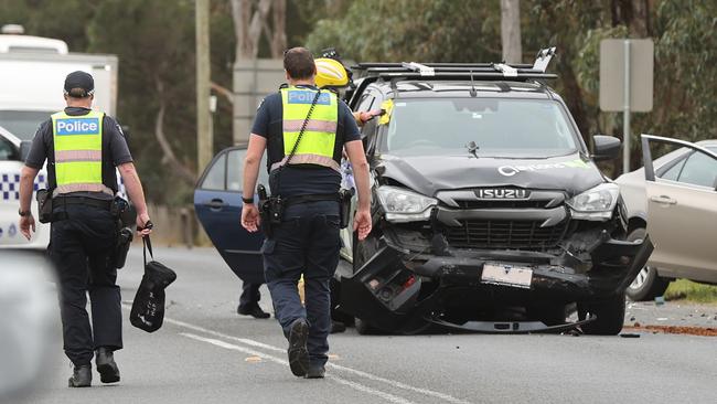 Three cars were involved in two incidents close together on the Hamilton Highway near the Fyansford-Gheringhap corner. Picture: Alison Wynd