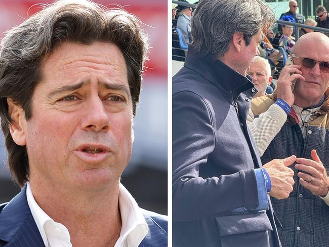 Former AFL boss and Racing Victoria board member in waiting Gillon McLachlan caught up with Anthony Mithen (right) at Warrnambool on Wednesday. Pictures: File, Brad Waters