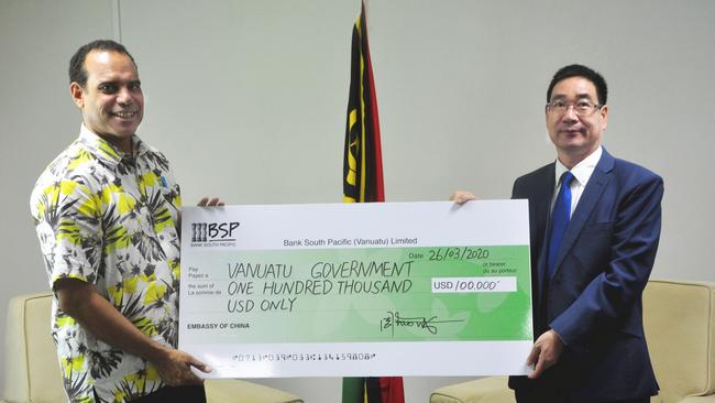 China’s $US100,000 donation to Vanuatu for COVID-19 prevention and control. Picture: Chinese Embassy Vanuatu