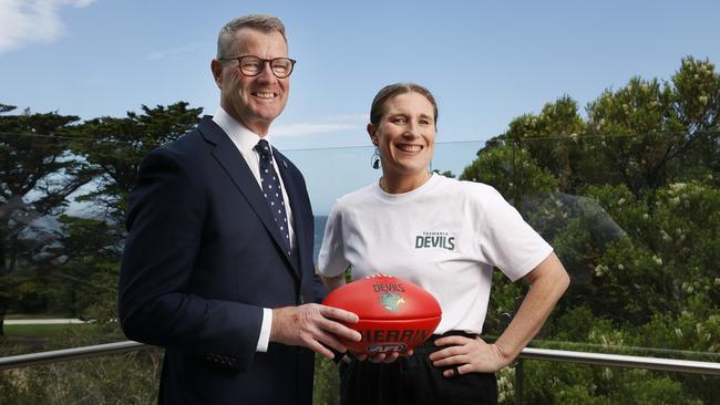 Grant O'Brien chair with Kath McCann executive director. Tasmania Football Club year in review. Picture: Nikki Davis-Jones