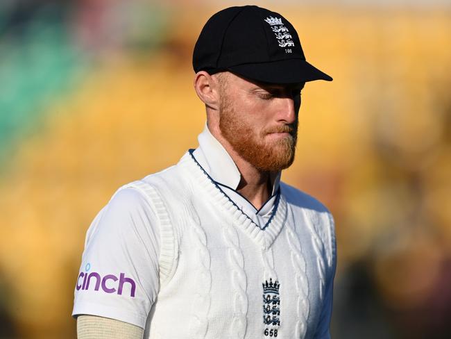 DHARAMSALA, INDIA - MARCH 08: England captain Ben Stokes leaves the field at stumps on day two of the 5th Test Match between India and England at Himachal Pradesh Cricket Association Stadium on March 08, 2024 in Dharamsala, India. (Photo by Gareth Copley/Getty Images)