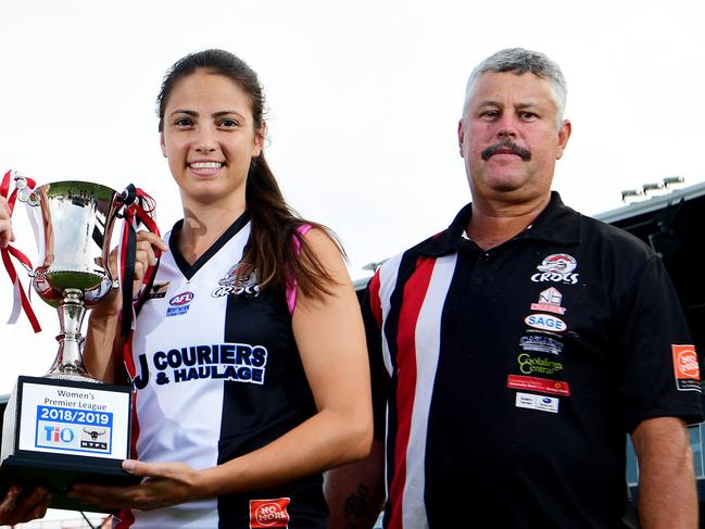 Waratahs coach Colleen Gwynne with team captain Lisa Roberts and Southern Districts Lateesha Jeffrey with coach Tarmon Elliott will be leading their squads into Saturday's AFLW Grand Final.Picture: Justin Kennedy