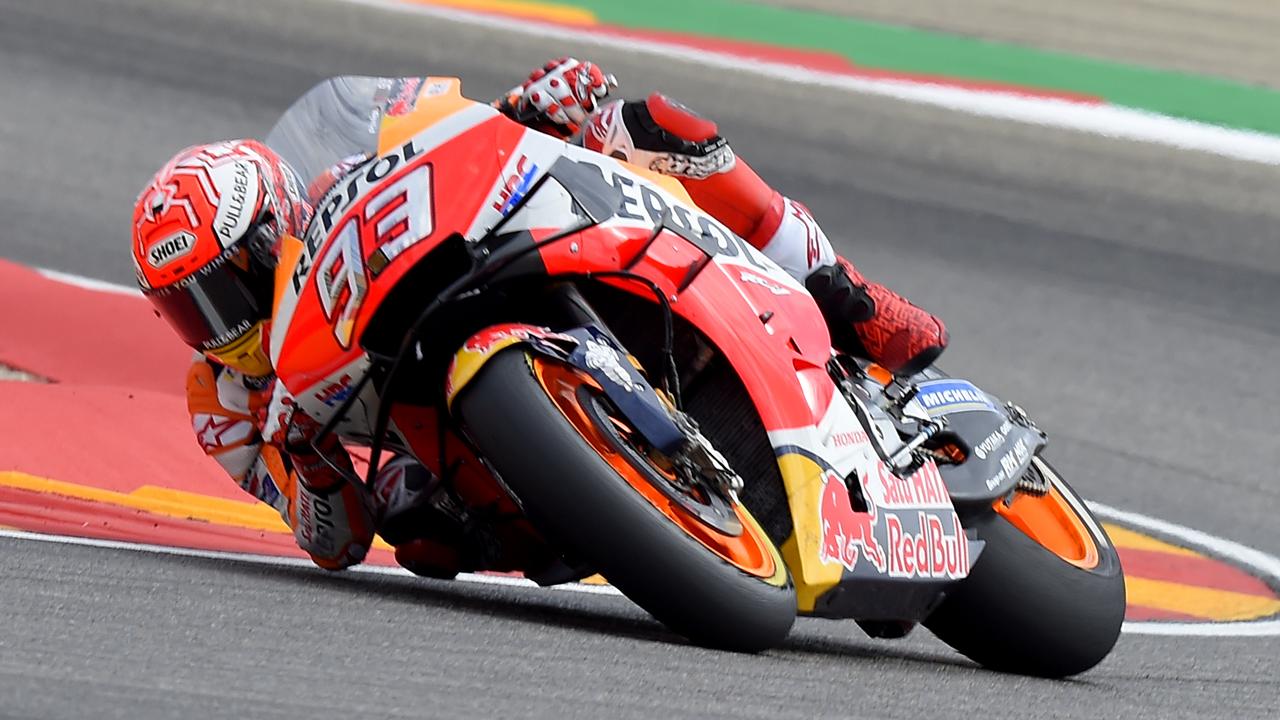 Spanish rider Marc Marquez in action during a MotoGP practice session at Aragon.