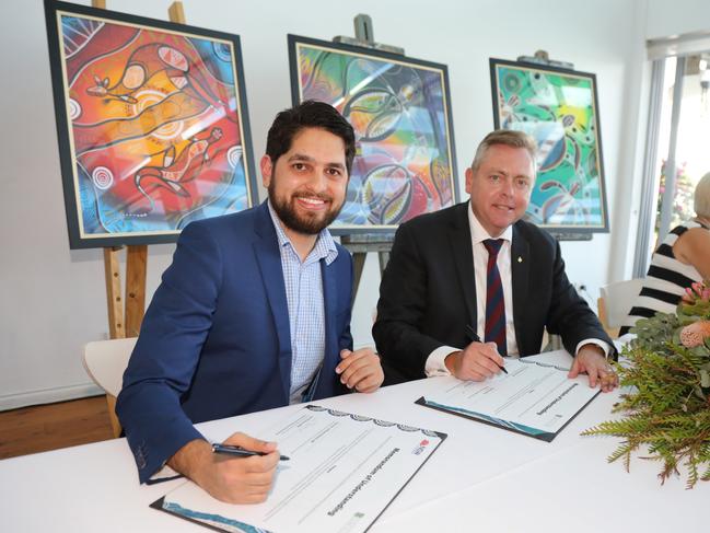 Chairperson Matthew West and Planning Minister Anthony Roberts at last year’s announcement to help use Darkinjung land and get its developments off the ground