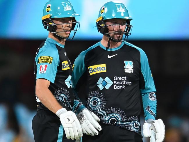 BRISBANE, AUSTRALIA - JANUARY 07: Nathan McSweeney and Colin Munro of the Heat look on during the BBL match between Brisbane Heat and Hobart Hurricanes at The Gabba, on January 07, 2024, in Brisbane, Australia. (Photo by Albert Perez/Getty Images)