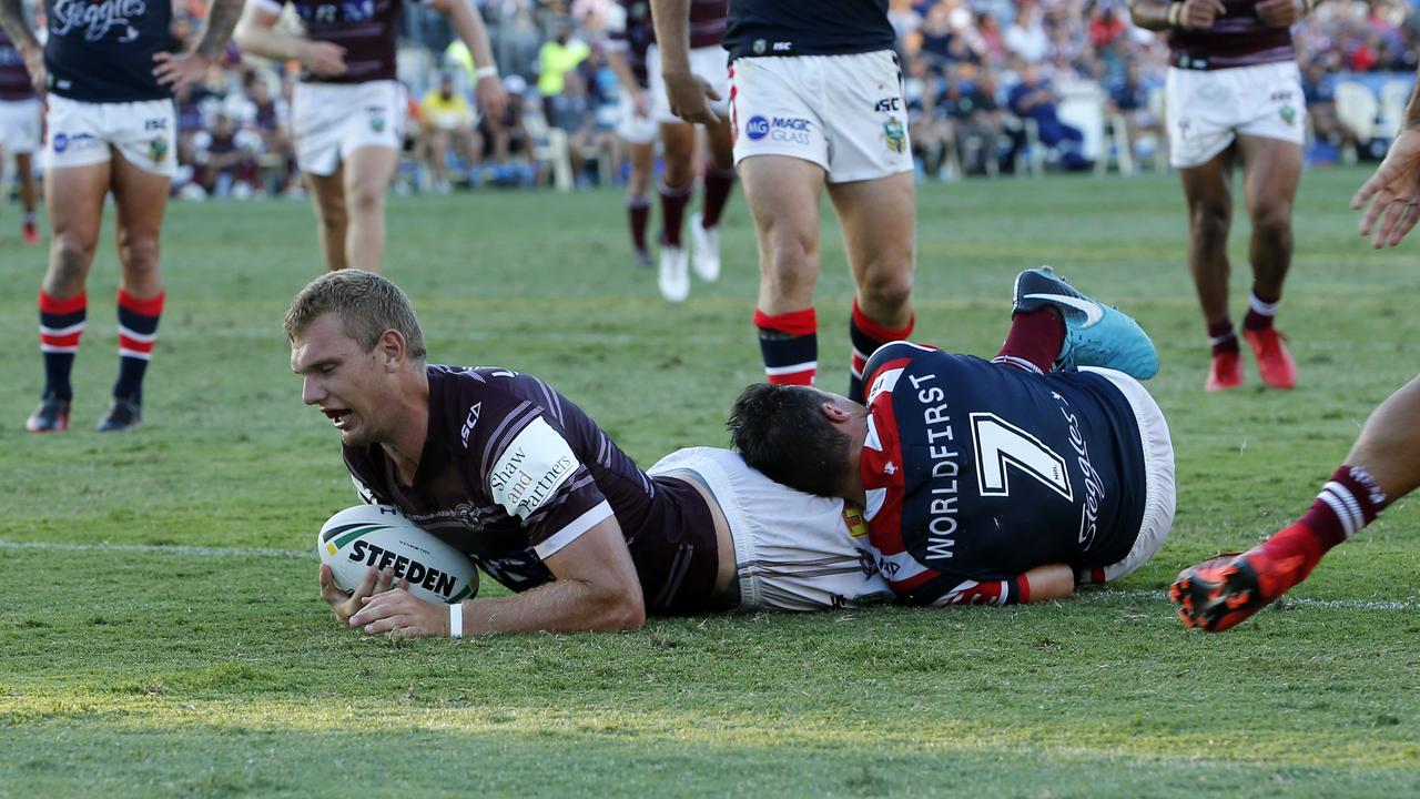 Tom Trbojevic scores against the Roosters at Central Coast Stadium.
