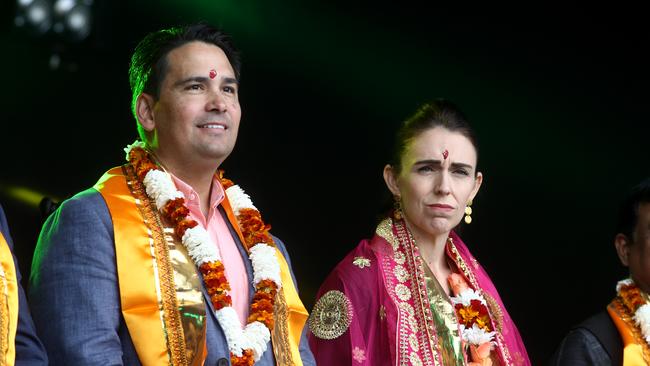 Simon Bridges and Jacinda Ardern at the Auckland Diwali Festival last week. Picture: Getty Images