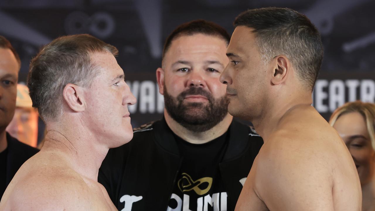 Paul Gallen and Justin Hodges face off during the Paul Gallen v Justin Hodges weigh in at the Aware Super Theatre in Sydney.