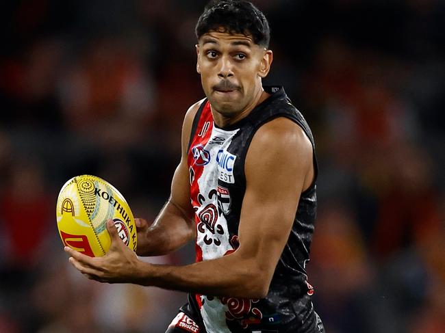 MELBOURNE, AUSTRALIA - MAY 25: Nasiah Wanganeen-Milera of the Saints in action during the 2025 AFL Round 11 match between Euro-Yroke (St Kilda Saints) and the Gold Coast Suns at Marvel Stadium on May 25, 2025 in Melbourne, Australia. (Photo by Michael Willson/AFL Photos via Getty Images)