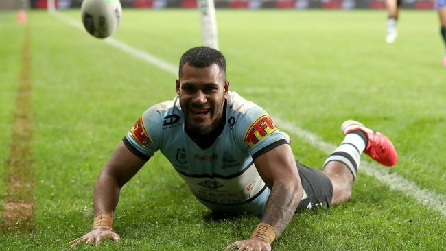 Cronulla’s Sione Katoa bagged a hat-trick of tries against the Bulldogs at Bankwest Stadium on Sunday night. Picture: Getty Images