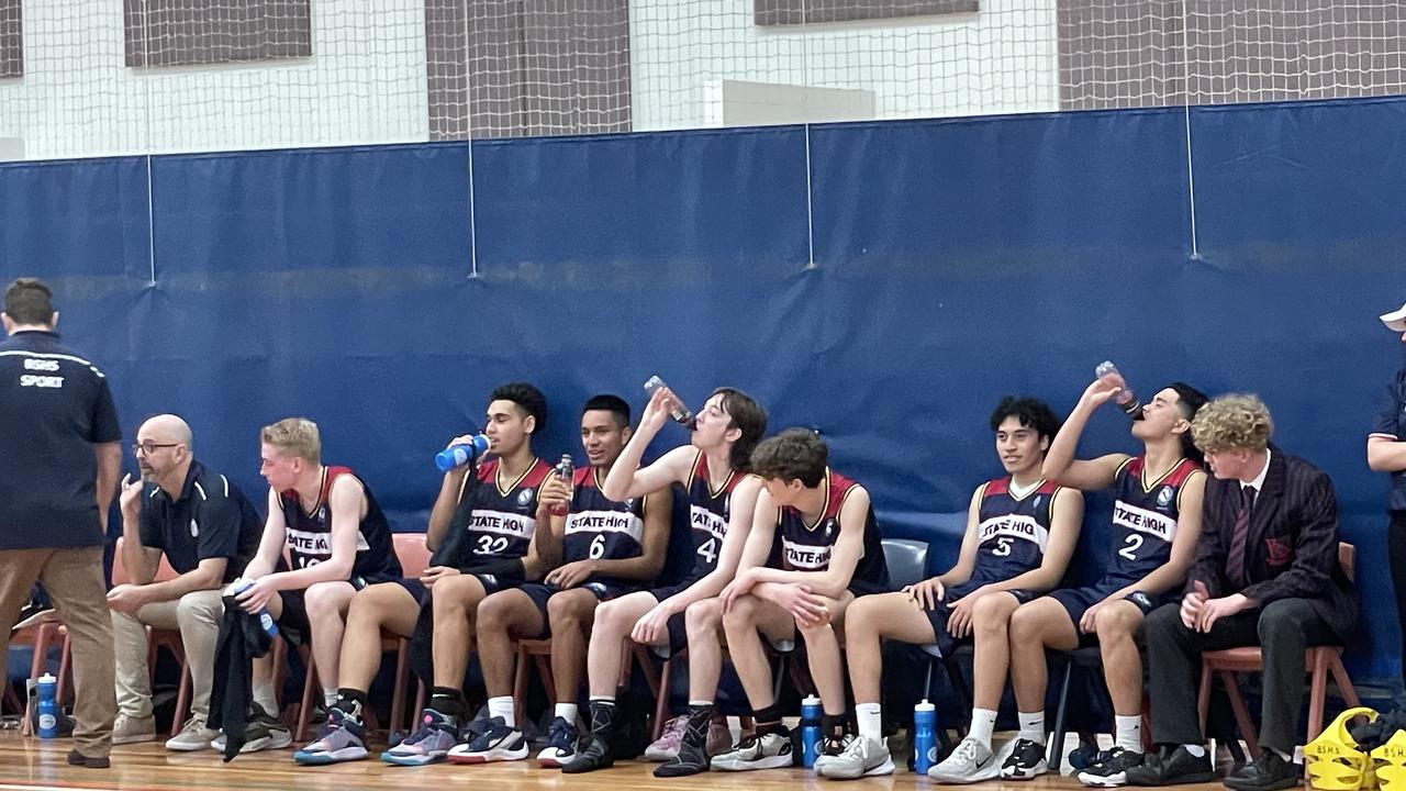 The Brisbane State High School First V boys taking a well earned break in Saturday’s game against Ipswich Grammar.