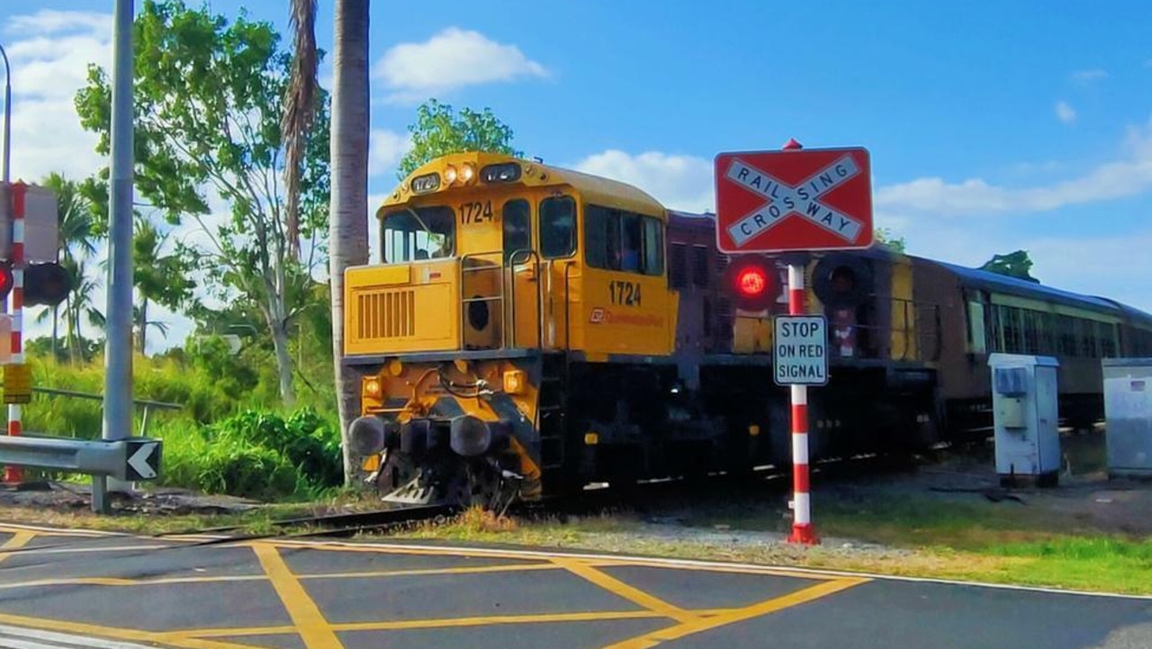 A train on the Kuranda Scenic Railway line runs through a level crossing on Whitfield St near to where a large rock was thrown at a passenger on Saturday, October 19, 2024. Picture: Peter Carruthers