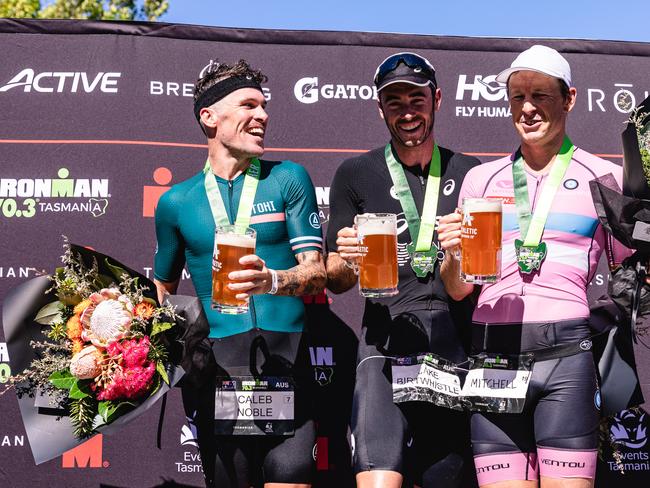 Ironman 70.3 Tasmania menÃ•s podium. L-R 3rd Place, Caleb Noble, Winner Jake Birtwhistle and Mitch Kirby, 2nd place. Picture: Linda Higginson