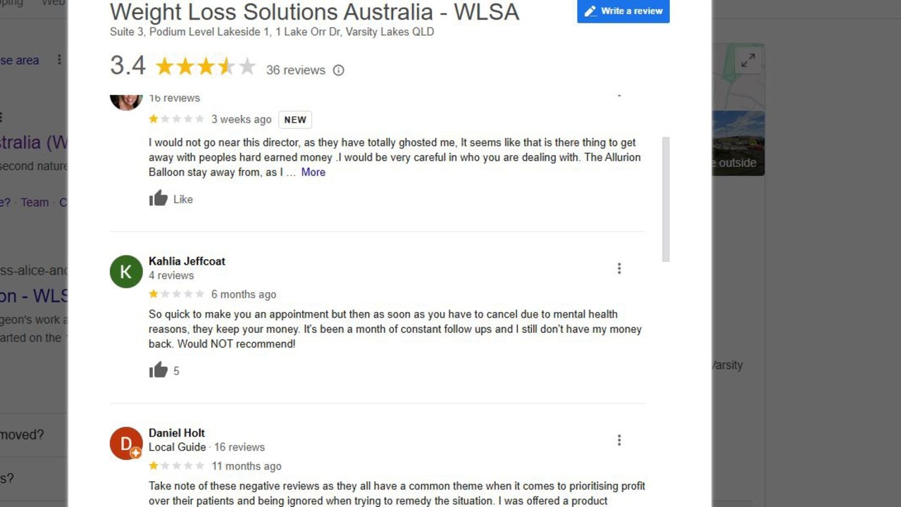 Negative Google reviews for Weight Loss Solutions Australia.