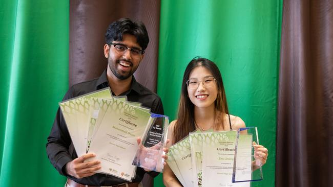 Muhaammad Qasim and Zirui Zheng of Darwin High School. Recipients of awards at NT Board of Studies 2025. Picture: Helen Orr