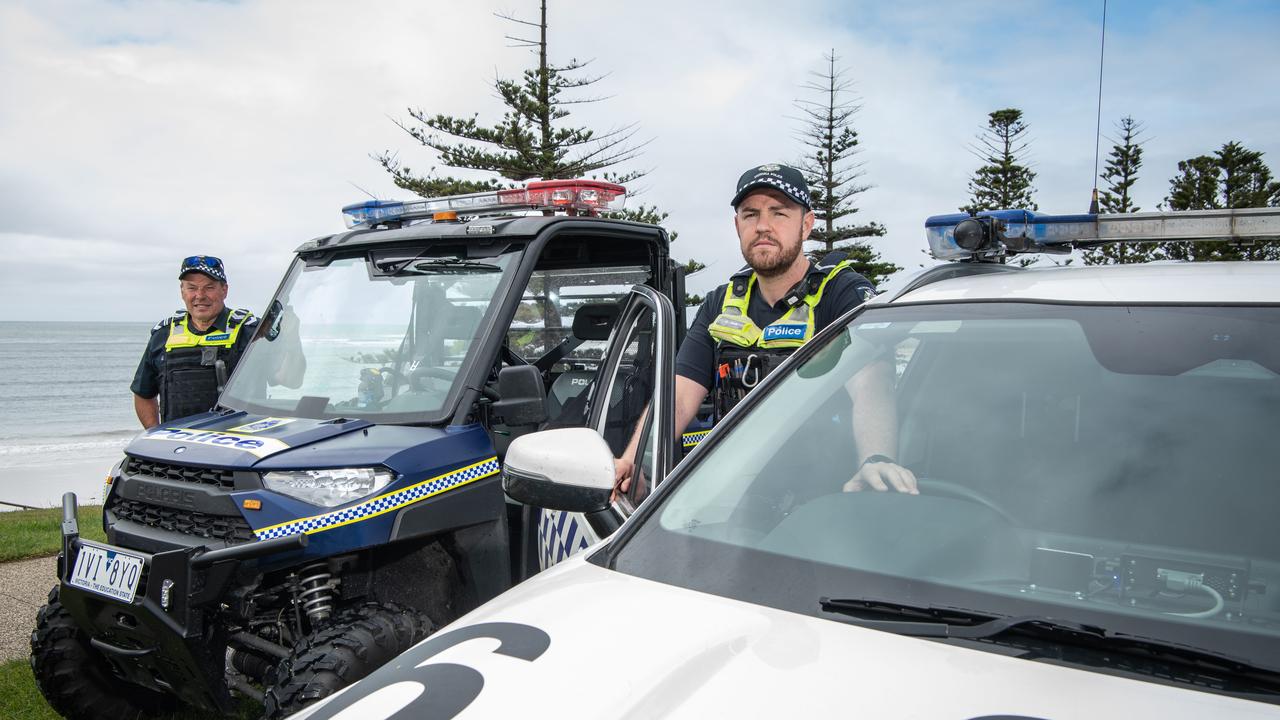 Police officers Leading Senior Constable Rodger Licheni and First Constable Bill Dow on Torquay foreshore as the Summer season starts. Picture: Brad Fleet