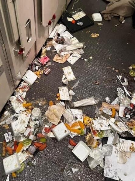 Mess left in the galley of the Singapore Airlines’ flight that struck severe turbulence. Picture: Twitter