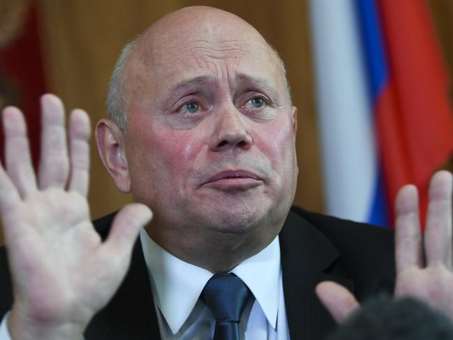 Ambassador of the Russian Federation Grigory Logvinov speaks during a press conference at the Russian Embassy in Canberra, Wednesday, March 28, 2018. The Australian government yesterday announced that it would expel two Russian diplomats over the Skripal poisoning affair. (AAP Image/Lukas Coch) NO ARCHIVING