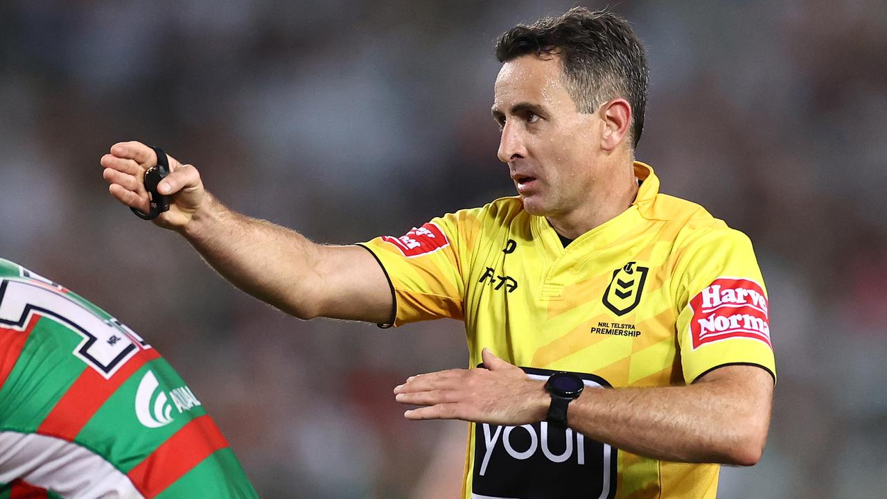 SYDNEY, AUSTRALIA - OCTOBER 17: Referee Gerard Sutton signals during the NRL Preliminary Final match between the Penrith Panthers and the South Sydney Rabbitohs at ANZ Stadium on October 17, 2020 in Sydney, Australia. (Photo by Cameron Spencer/Getty Images)