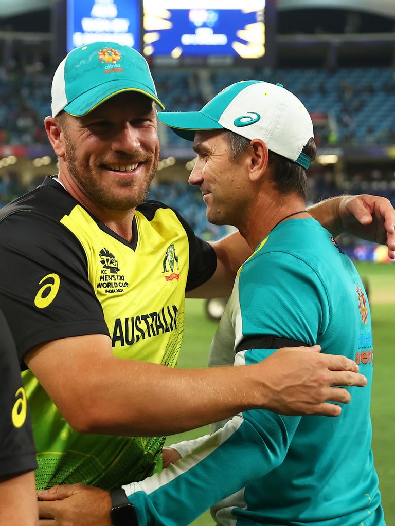 Aaron Finch with Justin Langer. Picture: Michael Steele/Getty