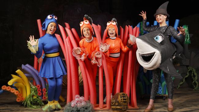 Alondra Lisica 12 as Dory, Ollie Knuckey 11 as Marlin, Madeleine Clark 11 as Nemo, Frida Barclay 12 as Bruce. Musical Theatre Crew production of Finding Nemo. Picture: Nikki Davis-Jones