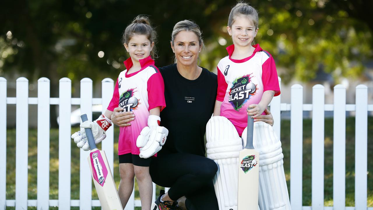 Candice Warner with daughters Indi, 5, and Ivy, 6. The girls recently started Cricket Blast, following in the footsteps of their famous dad, David. Picture: Sam Ruttyn