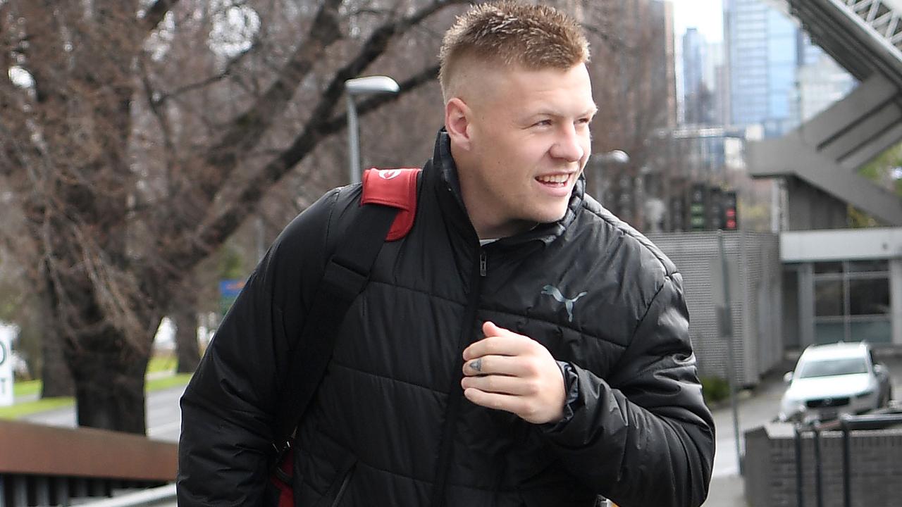 Jordan de Goey arrives at Collingwood on Saturday. Picture: AAP