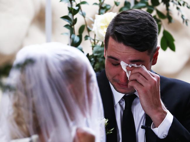 Jason in tears during the ceremony. Picture: Jason O'Brien