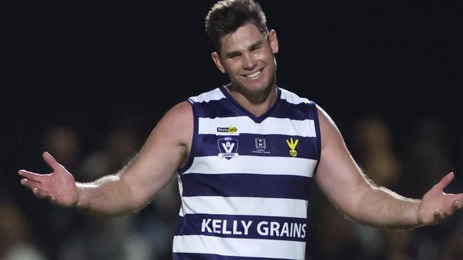 Friday 18 April 2025. Former Geelong AFL player Tom Hawkins plays with the Finley Cats senior football team against Deniliquin Rams, at the Finley Recreation Reserve in Finley, NSW.   Picture: Alex Coppel.